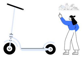 Electric scooter parked beside a woman pointing towards urban buildings. Ideal for sustainability, transportation, eco-friendly living, urban mobility, modern lifestyle, commuting, future technology