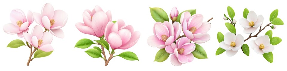 Obraz premium Vector illustration depicting pink and white magnolia blossoms on branches with green leaves. Delicate floral elements showcase the beauty and elegance of magnolia flowers in bloom.