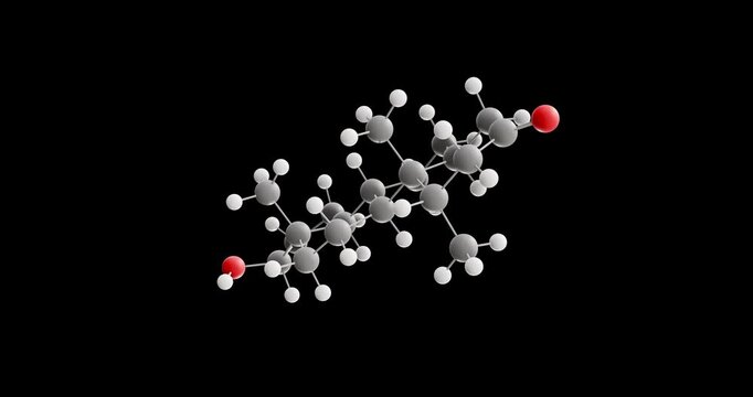 Mesterolone molecule, rotating 3D model of androgen, looped video on a black background