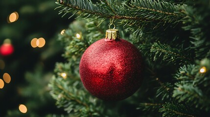 Red ornament on a Christmas tree with blurred lights