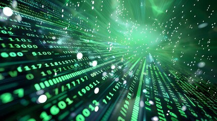 Futuristic digital code pattern with scrolling neon green numbers and symbols resembling a Matrix inspired futuristic interface or computer program