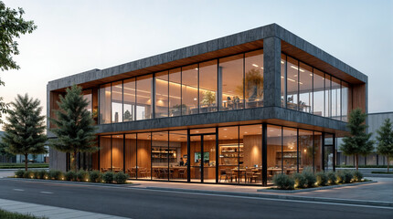 A large building with a lot of windows and a green tree in front