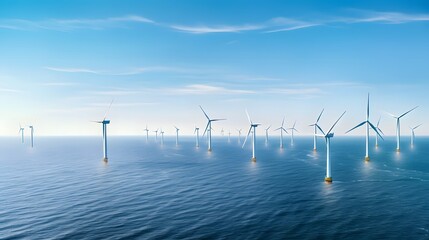 Aerial View of Offshore Windmill Park Generating Green Renewable Energy in the Ocean