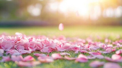 Pink apple blossoms lying on vibrant spring grass in green