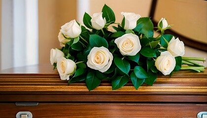 white roses on top of a dark wood casket.