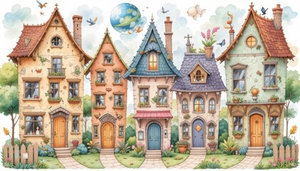 Charming colorful houses fantasy village illustration whimsical bright day enchanted design