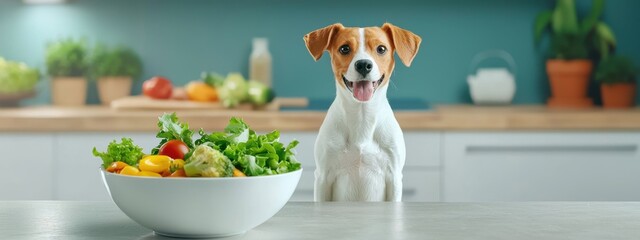Happy Dog Watching Fresh Salad on Kitchen Table in Bright Home