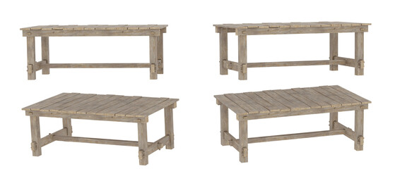 Four rustic wood tables, light brown color, with wooden planks, showing simple design, transparent, png, isolated.