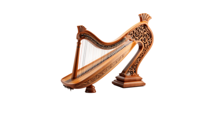 Ornate Wooden Harp Detailed 3D Render, Beautiful Classic Design for Musical Themes.
