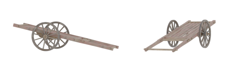 Two Old Wooden Carts. Gray Wood Texture, Rustic Style. Isolated transparent png.