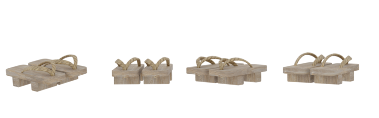 Wooden Shoes Display, several pairs of light brown sandals on a black background. Wooden footwear with transparent background png, isolated.