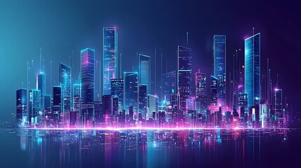 High tech Futuristic Metropolis with Glowing Holograms and Ultra Modern Architecture at Night