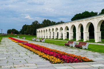 VELIKY NOVGOROD, RUSSIA - JULY 15, 2016. Embankment and Yaroslav's courtyard arcade in summer cloudy day in Veliky Novgorod, Russia