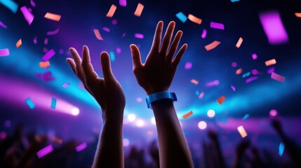 Multiple exposure shot layering several images of hands and confetti to create a dreamlike, euphoric festival atmosphere