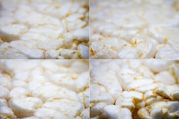 Collection of images with extreme close up of diet rice cracker texture. Shallow depth of field, selective focus.