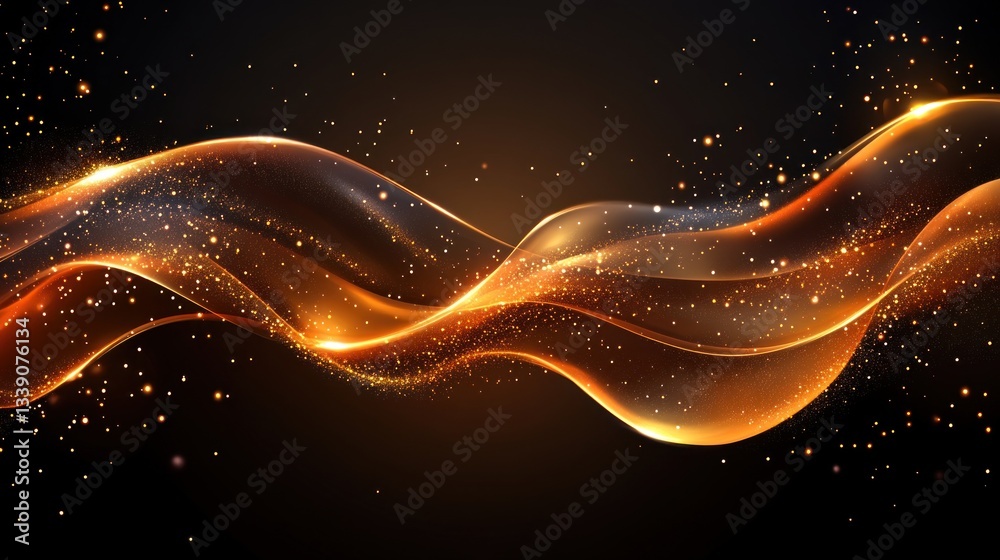 Poster abstract gold wave with glowing particles on dark background.