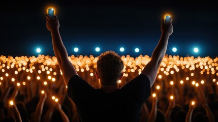 A sea of raised arms silhouetted against stage lights, with glowing phone screens creating pinpoints of light throughout the crowd