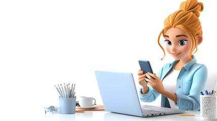 A cartoon girl is sitting at a desk with a laptop and a cell phone. AI Generated
