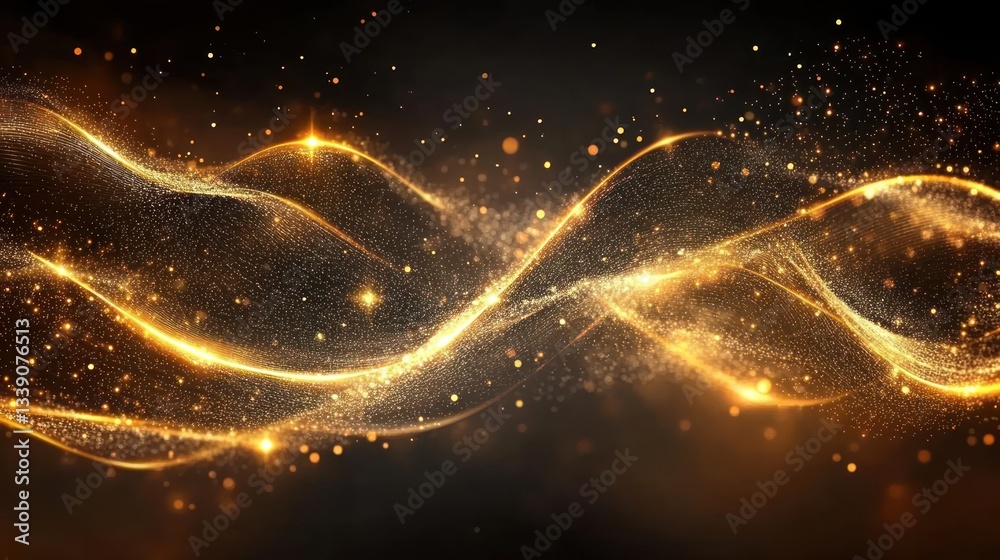 Poster abstract golden glowing particles forming a double helix wave on dark background.