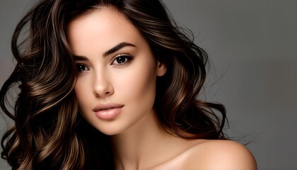 Obraz premium A woman with long brown hair and light skin is posing for a photo shoot.