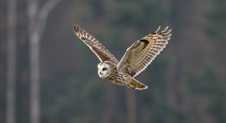 Obraz premium A barn owl flying gracefully against a blurred forest background