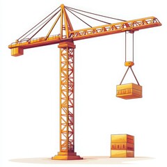 Yellow Construction Crane Lifting Block Against White Background