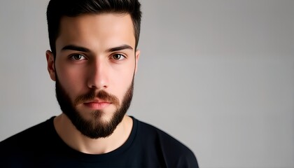 Obraz premium A portrait of a young man with dark hair and a beard, captured from just below his nose down to his shoulders.