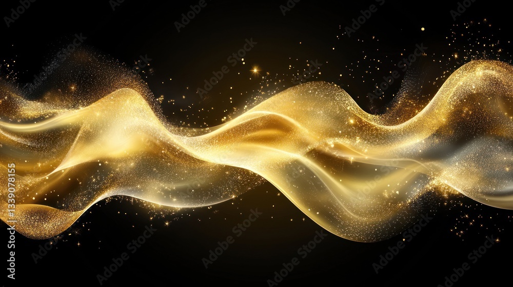 Poster abstract golden wave with sparkling particles on black background.
