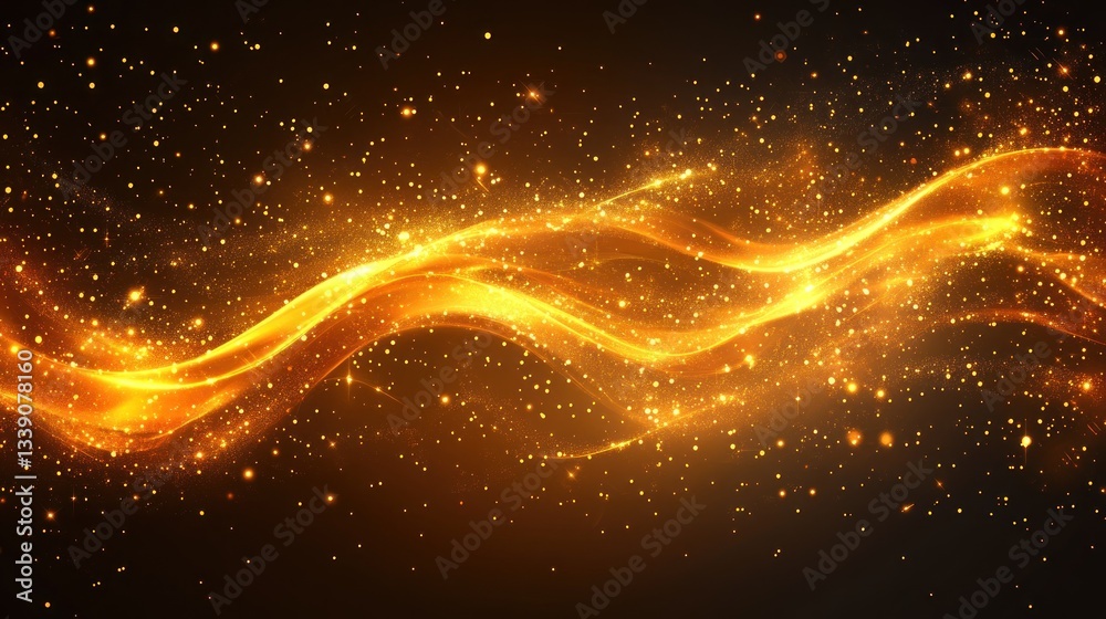 Poster abstract golden wave with sparkles on black background.