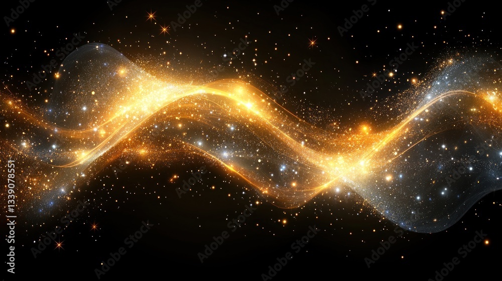 Poster Abstract golden wave with sparkling particles on dark background.