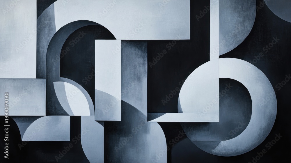 Poster Abstract grayscale artwork featuring overlapping geometric shapes, circles, and rectangles creating a sense of depth and dimension.