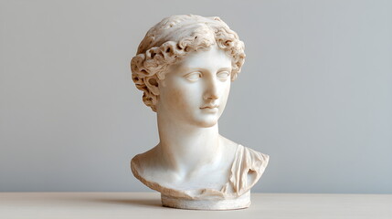 Antique marble plaster bust of female head with curly hair isolated on light gray background, copy space. Statue head, anatomical model. Ancient Greek Renaissance. Other statues behind.
