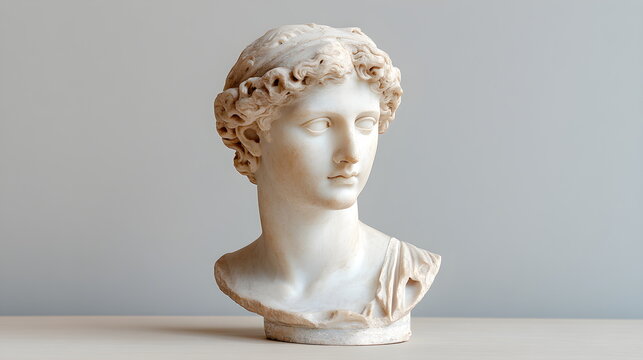 Antique marble plaster bust of female head with curly hair isolated on light gray background, copy space. Statue head, anatomical model. Ancient Greek Renaissance. Other statues behind.