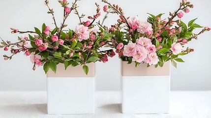 Fototapeta premium Beautiful pink flower arrangements in stylish modern white and pastel boxes on a light background