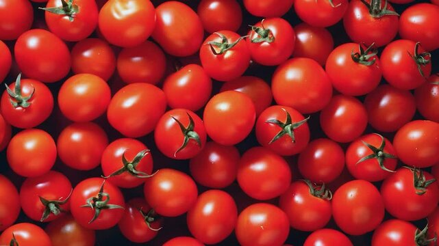 Red tomatoes background texture. Green stems fresh vegetables. Food ads cooking blog recipe. Macro close-up dark background video