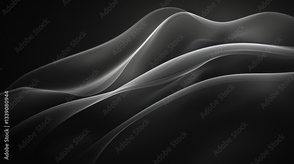 Poster abstract grayscale flowing waves on black background.
