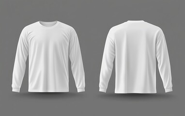 Vector flat illustration of a white long-sleeve t-shirt template, front and back view, simple design, gray background
