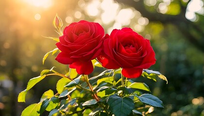 Fototapeta premium The image is of three red roses with green leaves and a blurry background.