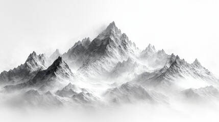 Monochrome mountain range shrouded in mist, dramatic lighting, peaks, snow.