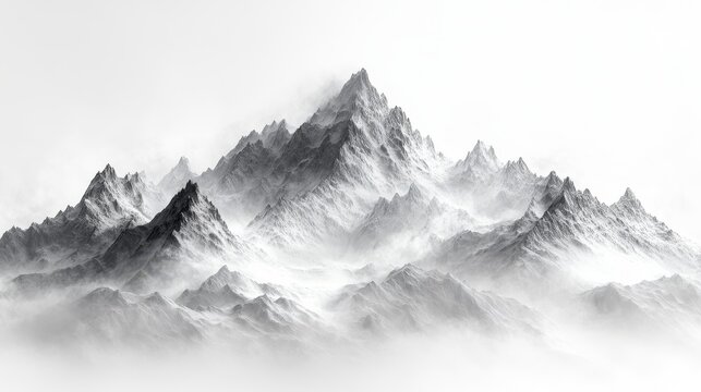 Monochrome mountain range shrouded in mist, dramatic lighting, peaks, snow. - Powered by Adobe