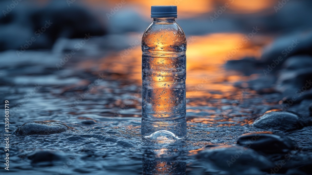 Poster a clear water bottle stands upright in a shallow stream, surrounded by smooth stones. the warm glow 