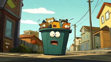 Naklejka premium A cartoon image of bears inside a surprised trash can