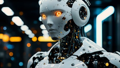 A futuristic robot with glowing orange eyes and a sleek white body is depicted in a dimly lit room.