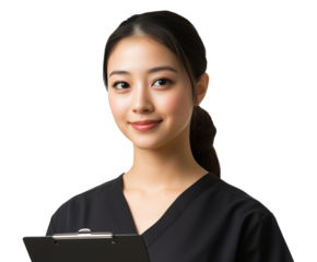 Smiling asian nurse in black scrubs holding clipboard image isolated transparent. Japanese woman caregiver trusted cut out photo png. Healthcare provider cutout photography
