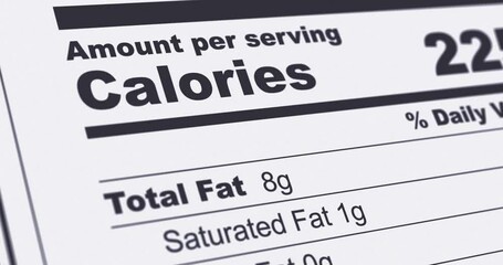 Nutrition Facts Label with Vitamin B9 content line highlighted, B-9 or Folate or folic acid, diet and healthy food concept, footage
