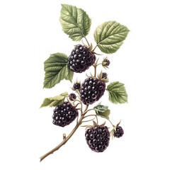 Vintage Black Raspberries fruit illustration. Vintage art Black Raspberries fruit watercolor illustration, old Black Raspberries fruits painting on white paper background