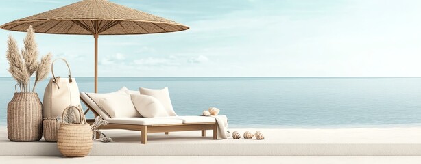 Obraz premium Summer eco-friendly beach lifestyle, eco-friendly beach lifestyle in summer, sustainable summer eco-friendly beach lifestyle. Relaxing beach scene with lounge and umbrella.