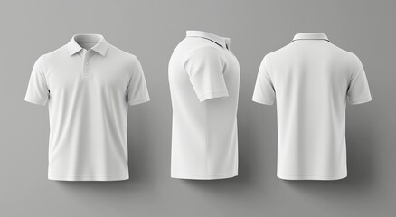 White polo shirt template vector illustration with front, back, and side views, on a grey background. The design is simple, with flat colors and clean lines. The shirt is a solid white color, with no 