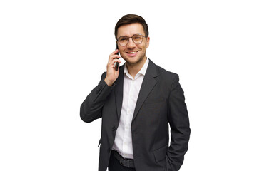 Businessman talking on phone in formal attire with a smile against a plain backdrop