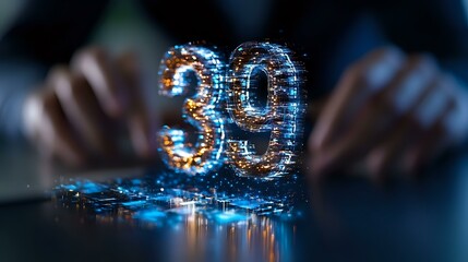 Glowing number 39 with blue neon light effect and reflection on dark surface, dramatic lighting creates futuristic atmosphere for technology designs.